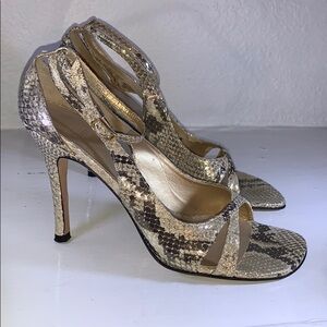 Stuart Weitzman- Steppinout - snake print gold/tan/black heels with Ankle Strap